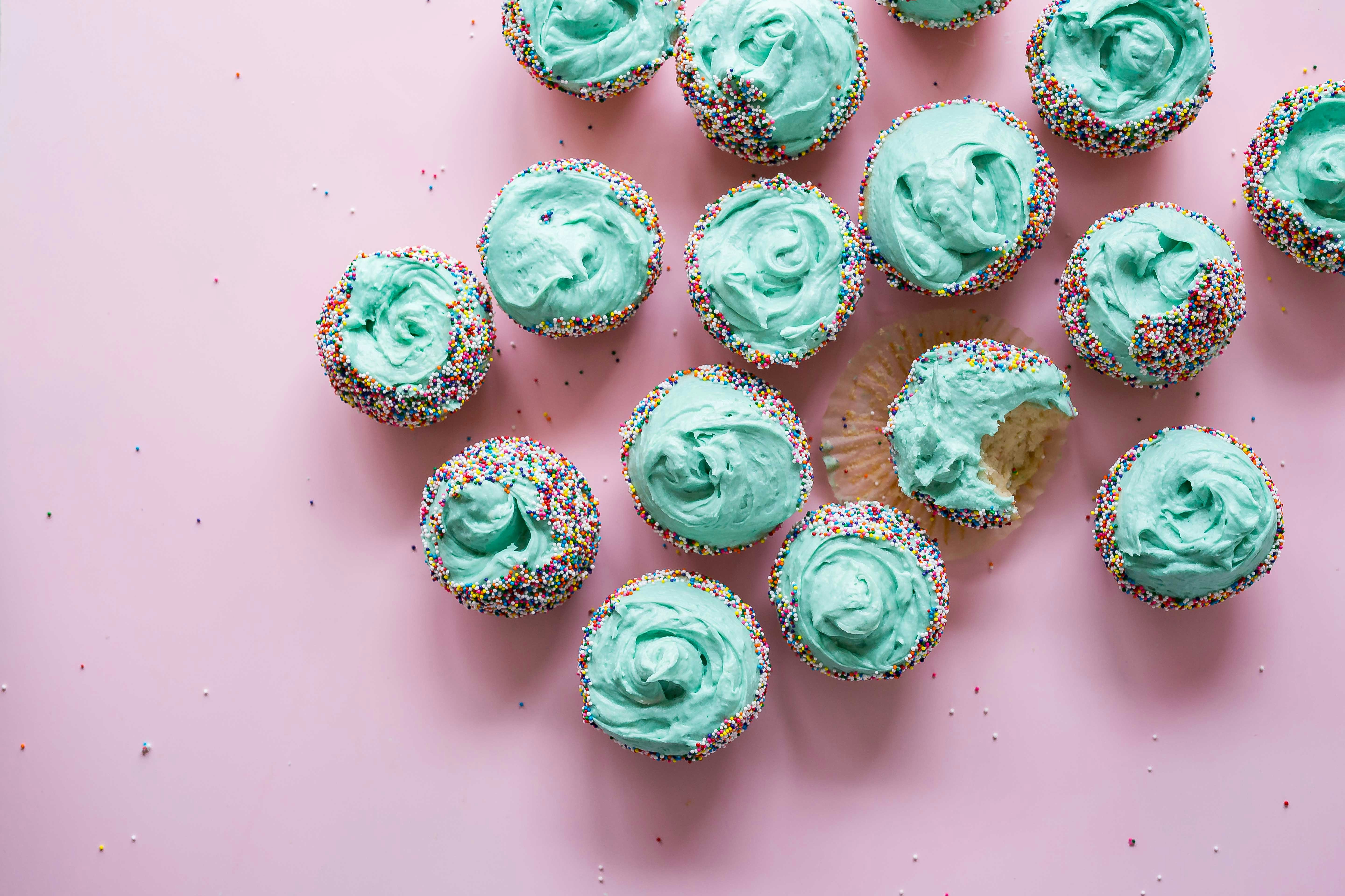 A whole batch of basic vanilla cupcakes, topped with the best buttercream I’ve ever ever. If you don’t know how to make anything else in your life, at very least, perfect the vanilla cupcake.